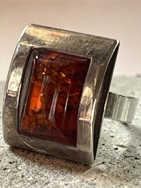 Modernist Baltic Amber 925 Sterling Silver Geometric Statement Ring Size 7